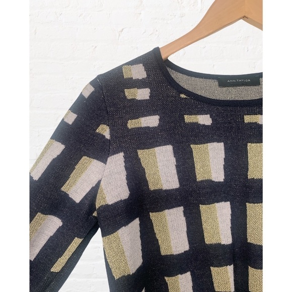 Ann Taylor Lattice Wool Knit Navy Gold Metallic Festive Holiday Sweater XS - Picture 6 of 8